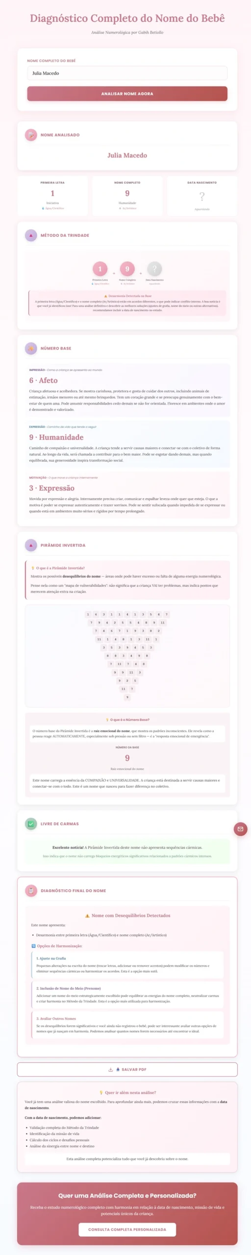 Tela do Diagnóstico Completo do Nome do Bebê funcionando